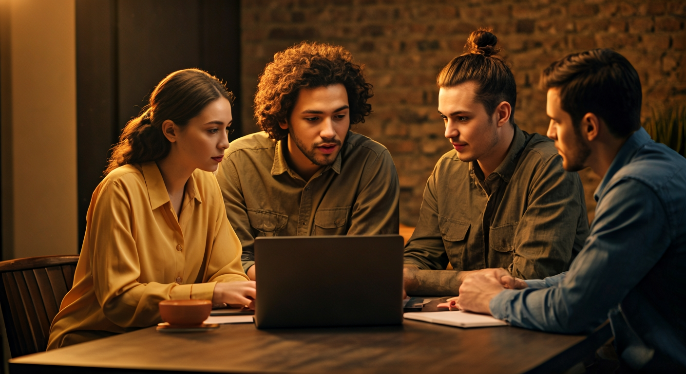 diverse small group of four people in a casual coworking space having an animated discussion around a laptop