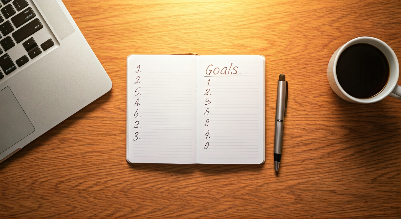 overhead flat-lay of a notebook with handwritten goals, a laptop, a pen, a cup of coffee, on a wooden desk, golden hour light