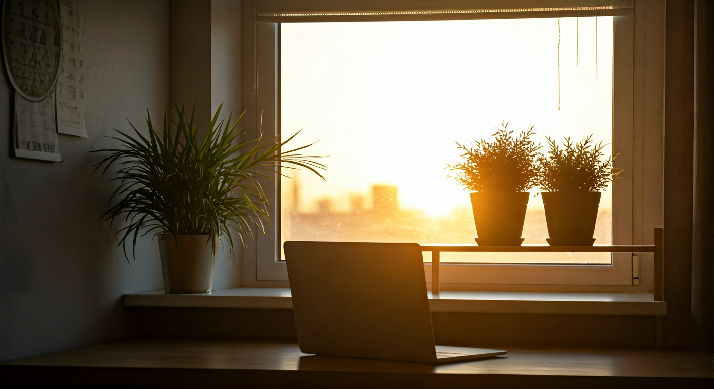 wide shot of a small home office at sunrise, soft light, plants on a shelf, laptop open, no people