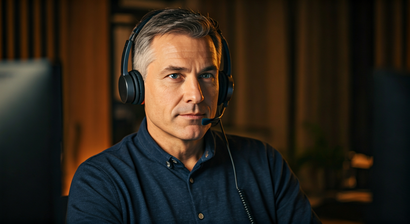 a man in his forties in a home office wearing a headset, two monitors, looking confident and engaged, cinematic warm light